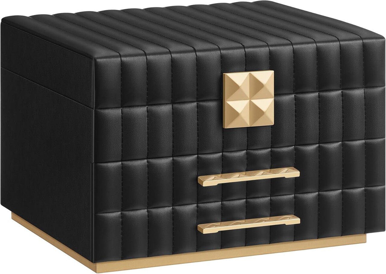 Cutie de bijuterii cu 3 etaje si oglinda, Songmics, 24x21.5x15.8 cm, MDF/piele ecologica, negru - imagine 7